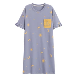 Big Size M-5XL Women Nightgown With Chest Pad Summer Sweet Girl Lounge Cute Cartoon Nightdress Short Sleeve Casual Nightwear