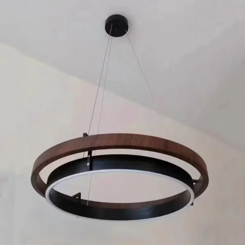 Modern minimalist LED wood grain circular pendant light living room dining room model room guest room decoration lighting