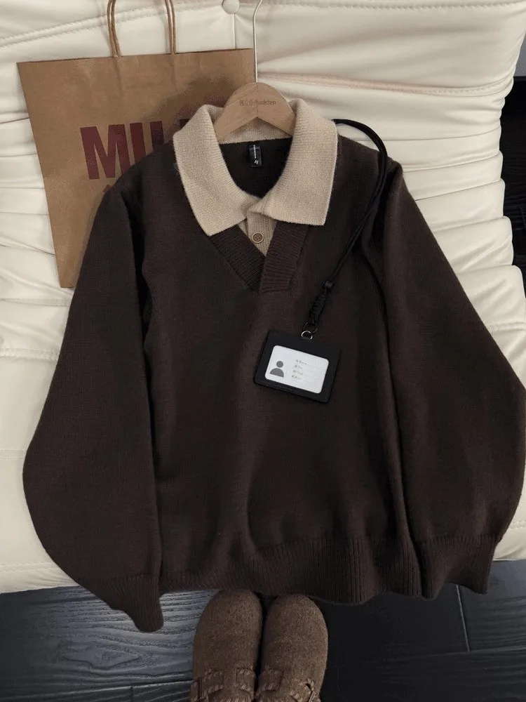 

Thiened Retro Knitted Sweater Men's Winter Warm Fake Two-Piece Patchwork Lazy Sle Yarn Sweater Button Closure Loose Fit