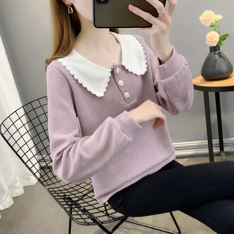 Sweet Fashion Peter Pan Collar Loose Long Sleeve Sweaters Women\'s Clothing All-match Lace Cut Solid Color Knitted Jumpers Female