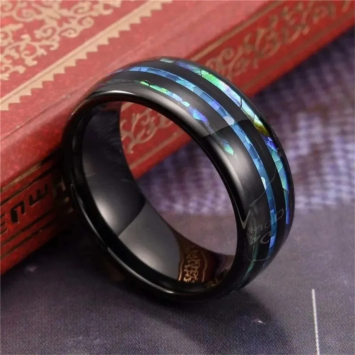 البطانة الأزرق أوبال وأذن البحر شل الدائري موضة 8 مللي متر الفولاذ المقاوم للصدأ خواتم للرجال الزفاف المشاركة مجوهرات هدية للذكرى السنوية