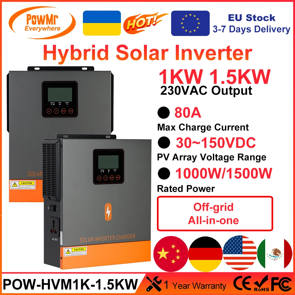 PowMr 1.5KW 1KW Hybrid Solar Inverter 12V 220V Pure Sine Wave With Charging MPPT 80A Solar Chage Controller Panel 150VDC Input