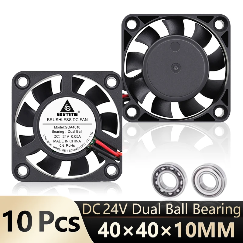 

10 Pcs Gdstime 4010 DC Brushless 24V 4cm Cooler Dual Ball 40mm Radiator 40x40x10mm 2PIN Mini Fan for Extruder 3D Printer Cooling