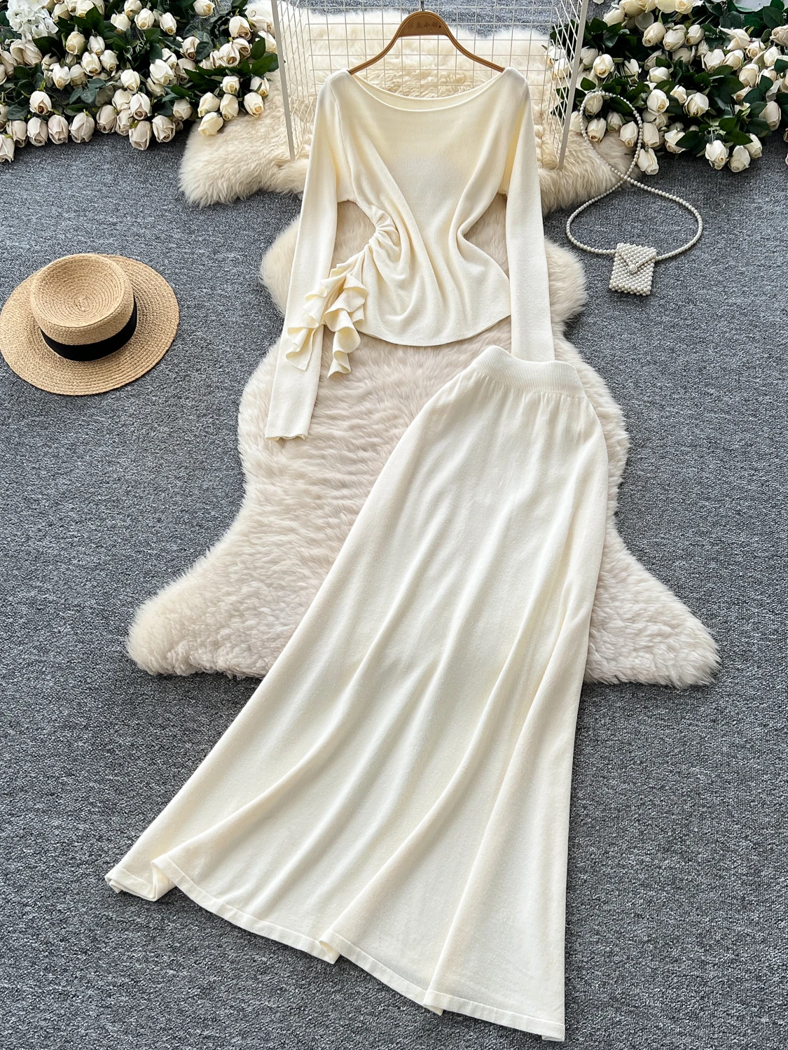 

Autumn Faion Women's High Waist Long Sve Knitted Top And f Skirt Set Irregular One oulder Design Midi Skirt