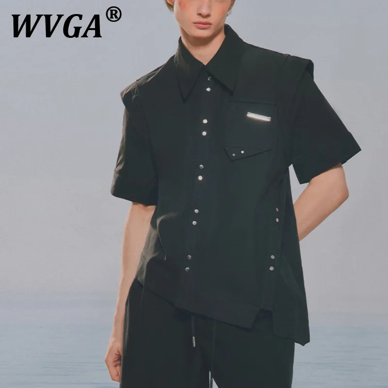 

WVGA Spring Summer New Men's Tide High Street Turn-Down Collar Short Sleeved Shirt Soild Color Niche Chic Casual Slim Tops W8325
