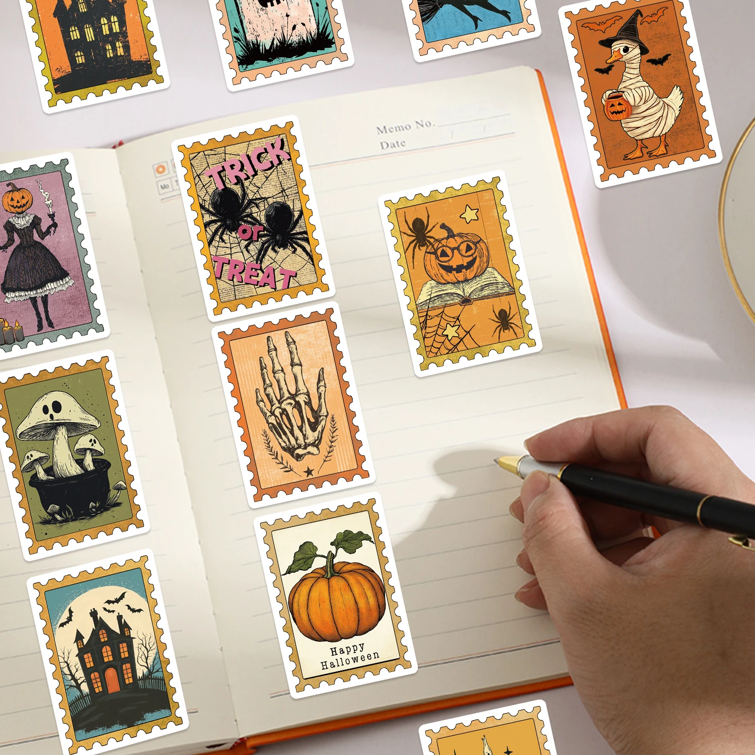 50PCS Cute Vintage Halloween Postage Stamp Stickers Skeleton Witch DIY Decor Water Bottle Phone Laptop Luggage Graffiti Stickers