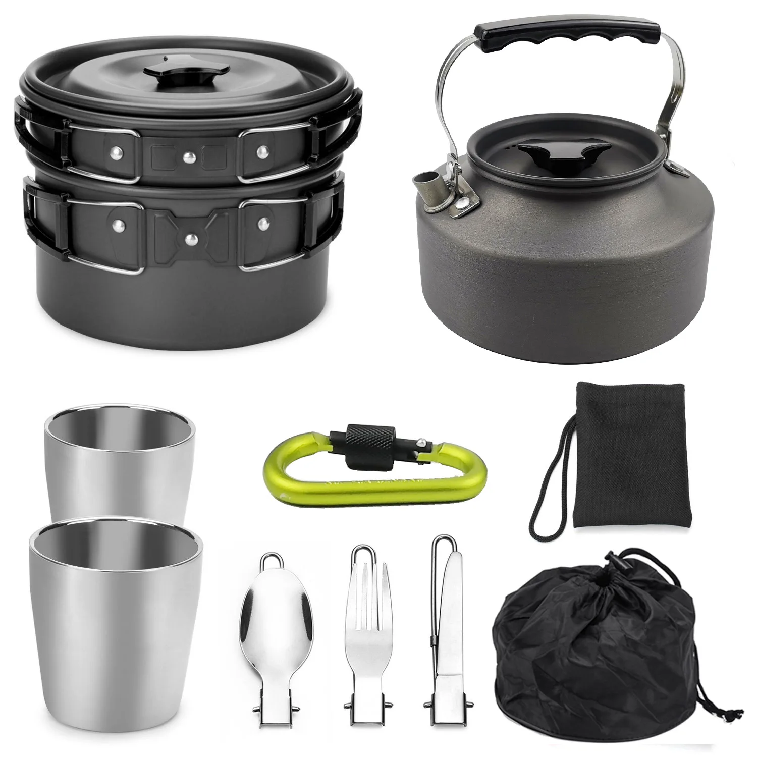 2-3 Person Outdoor Kettle Set Tableware Cup Combination, Portable Folding Alumina Cooking Utensils For Camping And Picnicking,