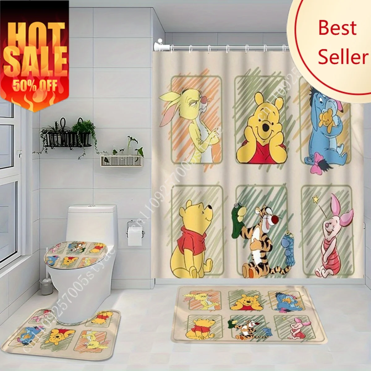 

Winnie the Pooh Eeyore Tigger Piglet Rabbit Shower Curtain Set Disney Cartoon Decoration Gifts Floor Mats Toilet Seat Cover 4pcs