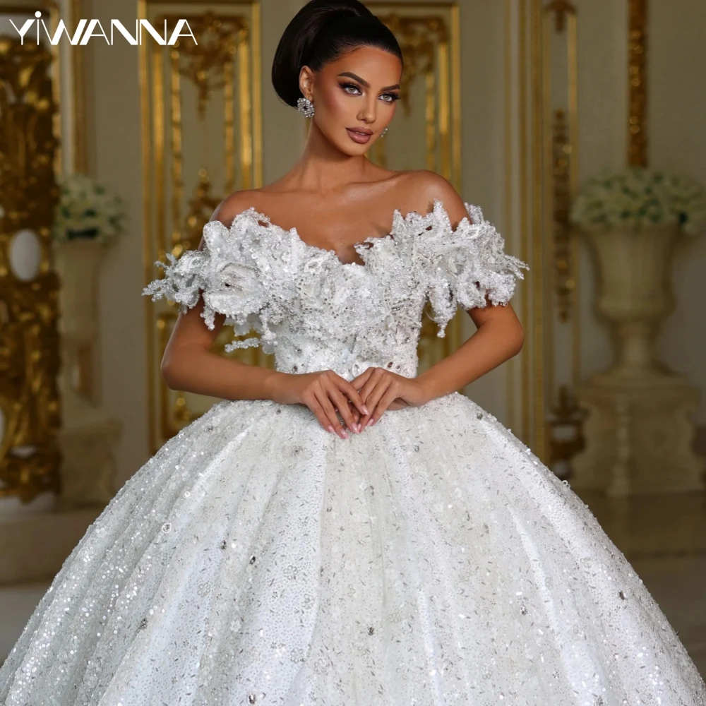 

Sparkly Beads Pearls Wedding Dress Elegant Sequined Off The Shoulder Bride Robe Exquisite Ball Gown Bridal Gown Robe De Mariée