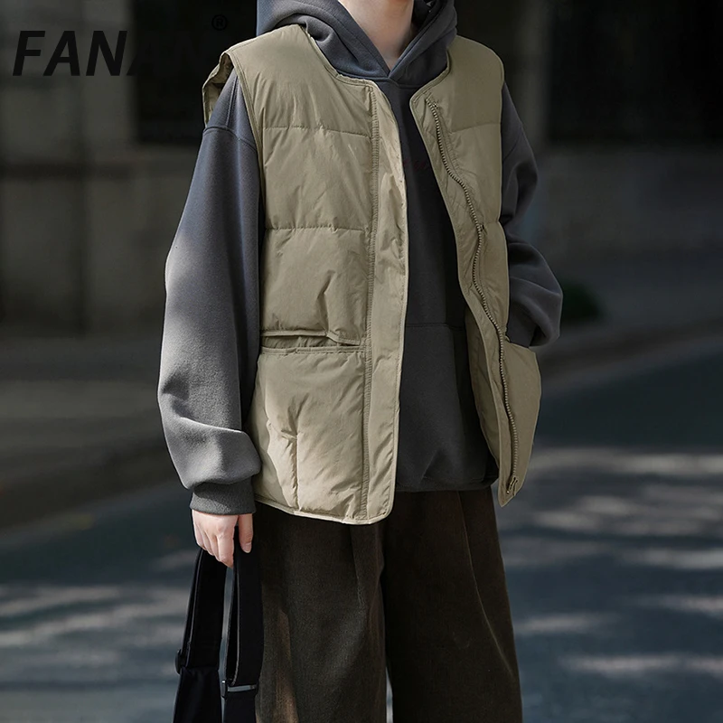 

FANAN 2025 Winter New Down Vest For Women Round Neck Single Breasted Sleeveless Korean Style Casual Loose Jackets Fashion Coats