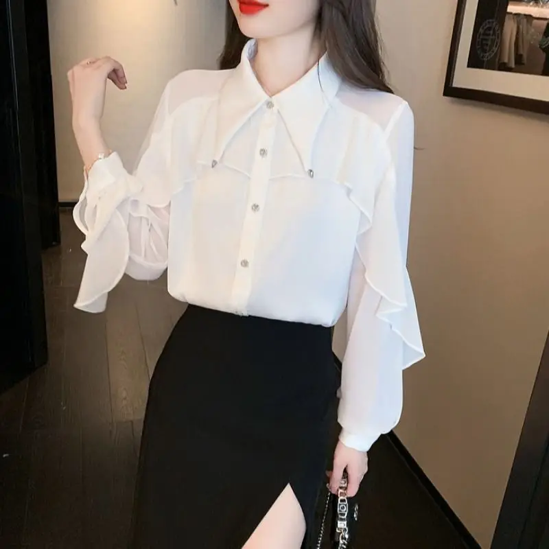 White Long Sleeved Chiffon Shirt for Women in Early Spring and Autumn 2024 New French Style Top