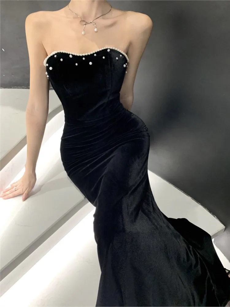 Sexy Bodycon Black Velvet Maxi Drresses for Women Embroidered Flares Strapless Slim Mermaid Evening Dress Prom Robe New Vestidos