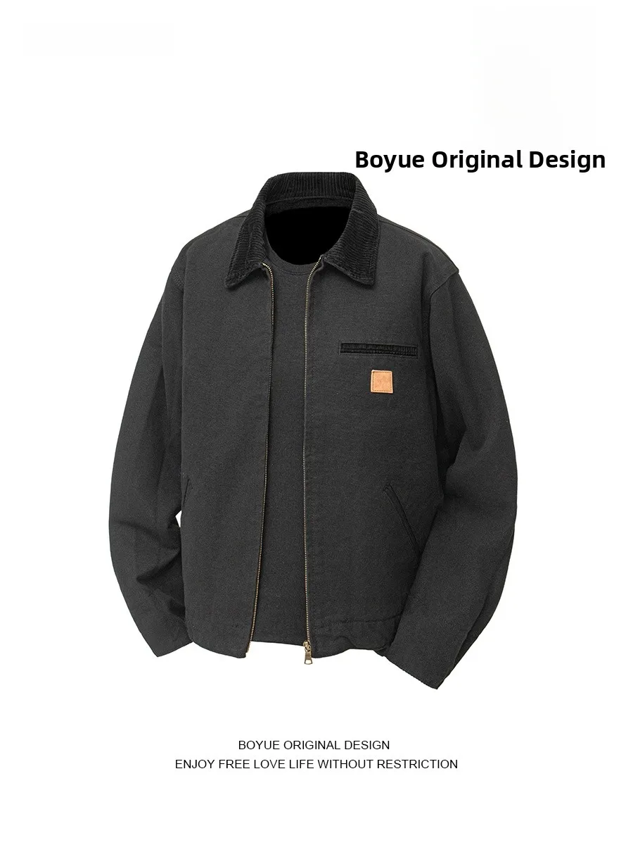 

Мужская куртка Boyue в американском ретро-стиле с отложным воротником, свободного кроя, повседневная, универсальная, рабочая, модная, на молнии, с длинными рукавами