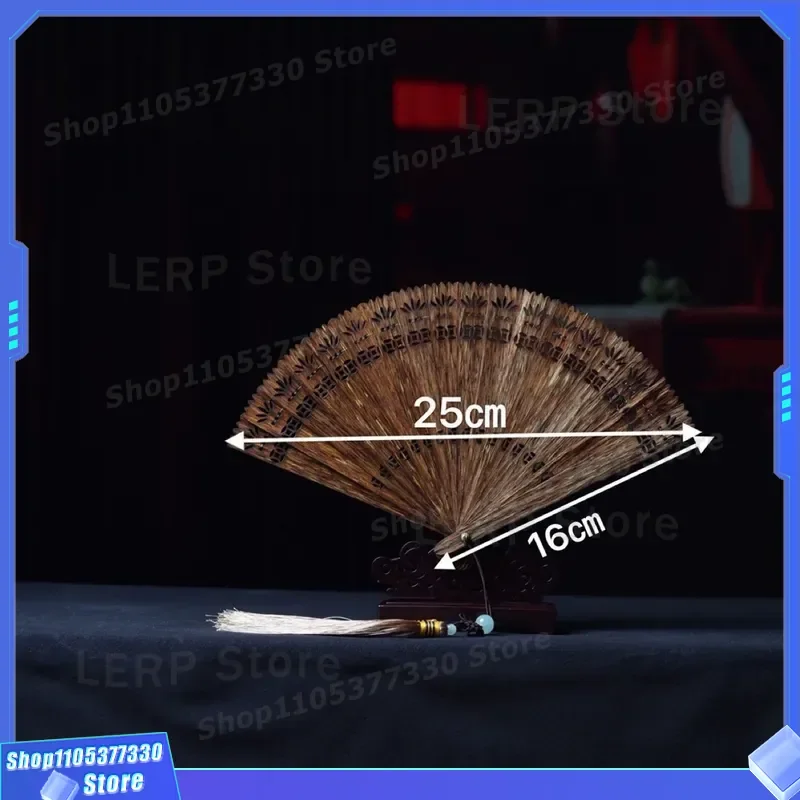 Handmade Chinese Style Folding Fan Black Agarwood Oil Handle Retro Hollow Craft Ornament for Household Decoration Elegant