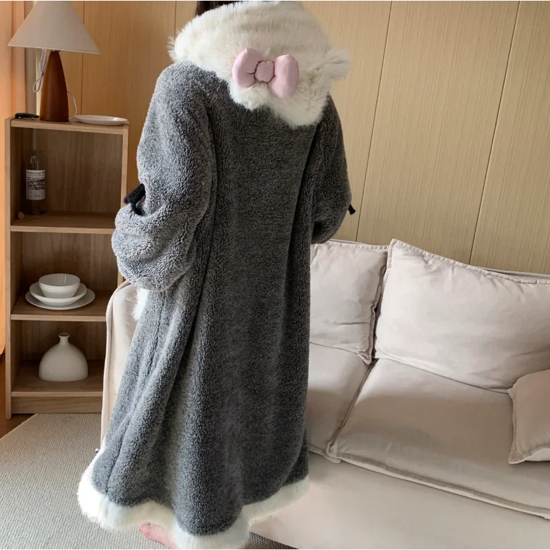 Sanrio Hello Kitty Winter Warm Plush Pajamas Korean Kawaii Style Sweet Robe Night Wear Student Soft Causal Nightgown For Women