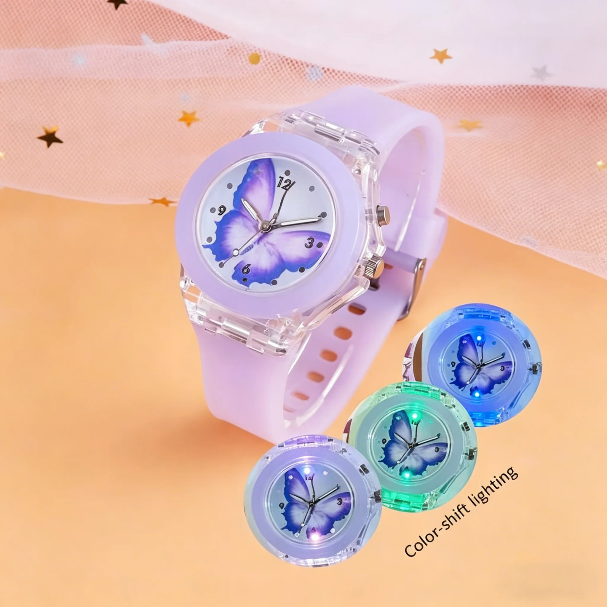 Children's watch with transparent case and silicone strap, cute butterfly pattern simple quartz wristwatch for girls