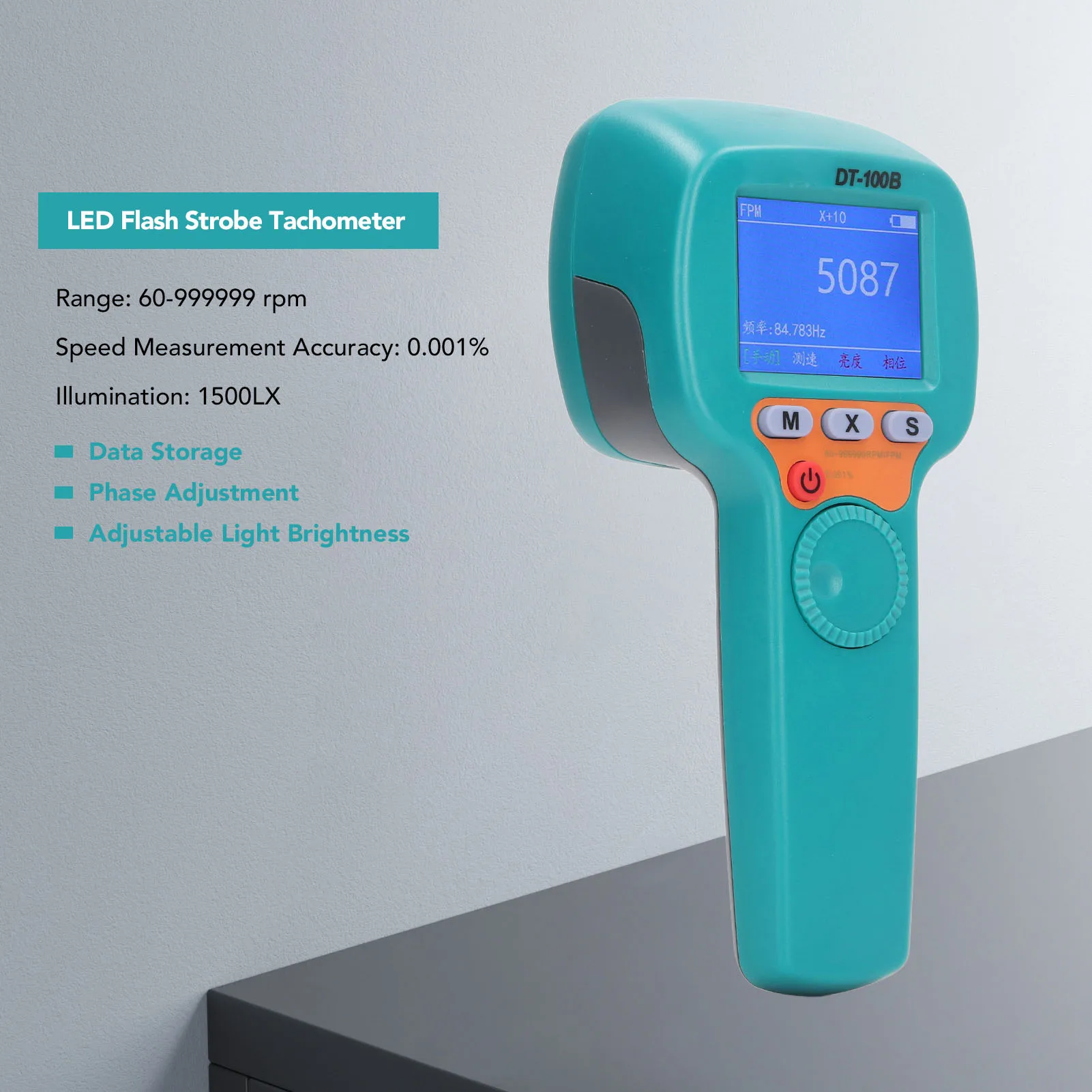 7.4V Handheld Stroboscope DT100B Rechargeable LED Flash Strobe Tachometer 1500LX 60 to 999999 RPM Speedometer
