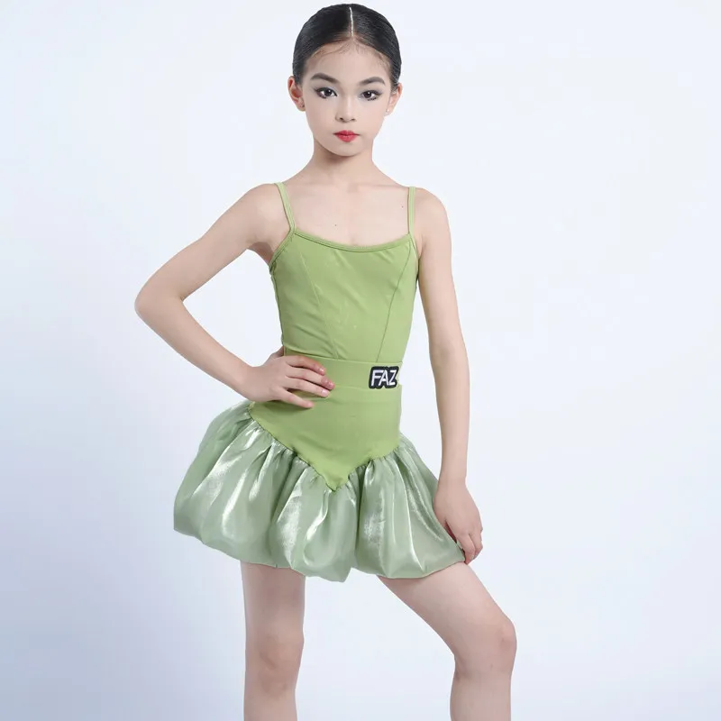 Kids Green Spaghetti Strap Puff Tulle Latin Dance Dress Cha Cha Rumba Ballroom Training Daily Class Stage Competition Dancewear view 3