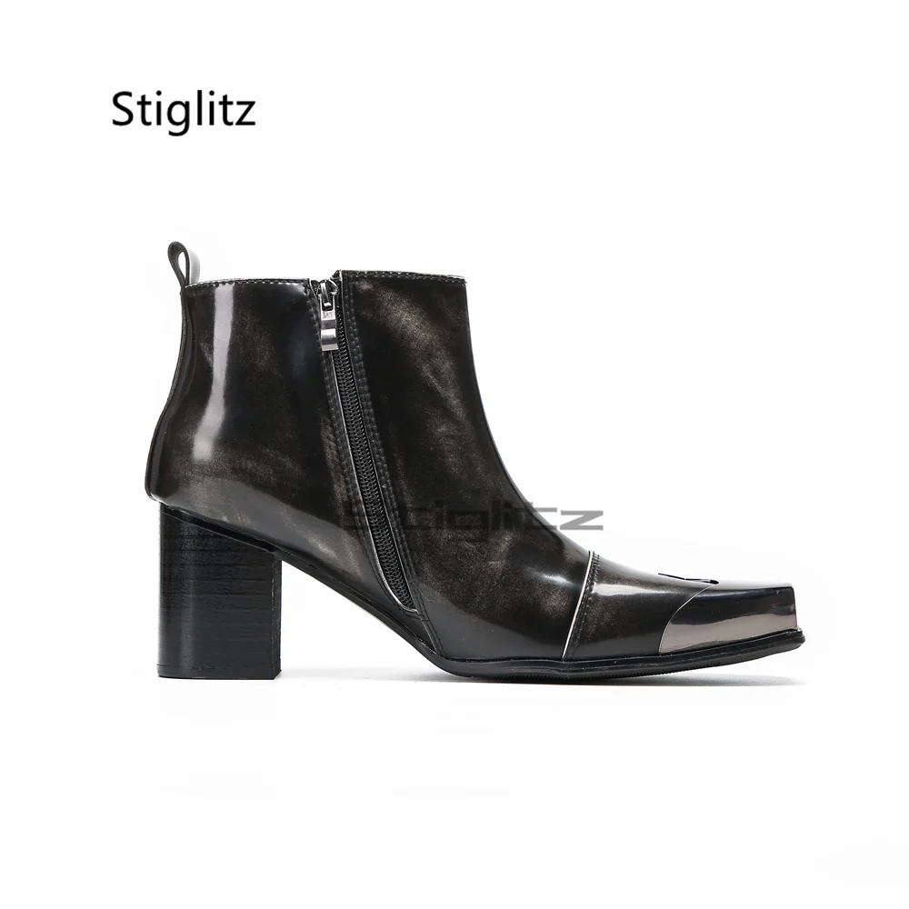 Men Metallic Square Toe Ankle Boots Glossy Genuine Leather Side Zipper Block High Heels Short Business Dress Shoes Botas Hombre
