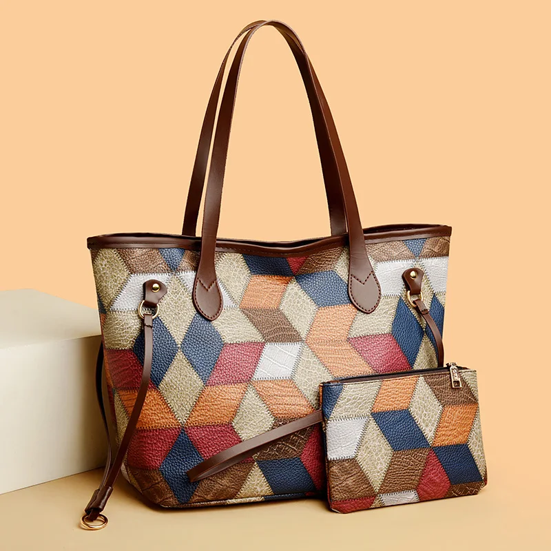 PU Leather Women Tote Multicolour Patchwork Handbag 2024 Fashion Large Capacity Shoulder Bag Commuting Bag With Mini Purse