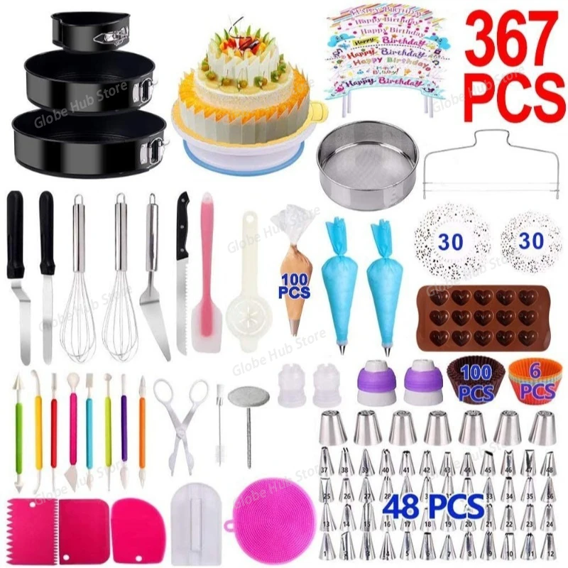 

367-piece Baking Tray Turntable Set, Non-stick Baking Tray Piping Nozzle Heart-shaped Silicone Mold Baking Set