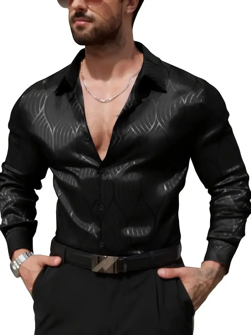 

2025 men's fashionable long sleeved lapel shirt casual trendy top suitable for party and street wear, silky smooth fabric