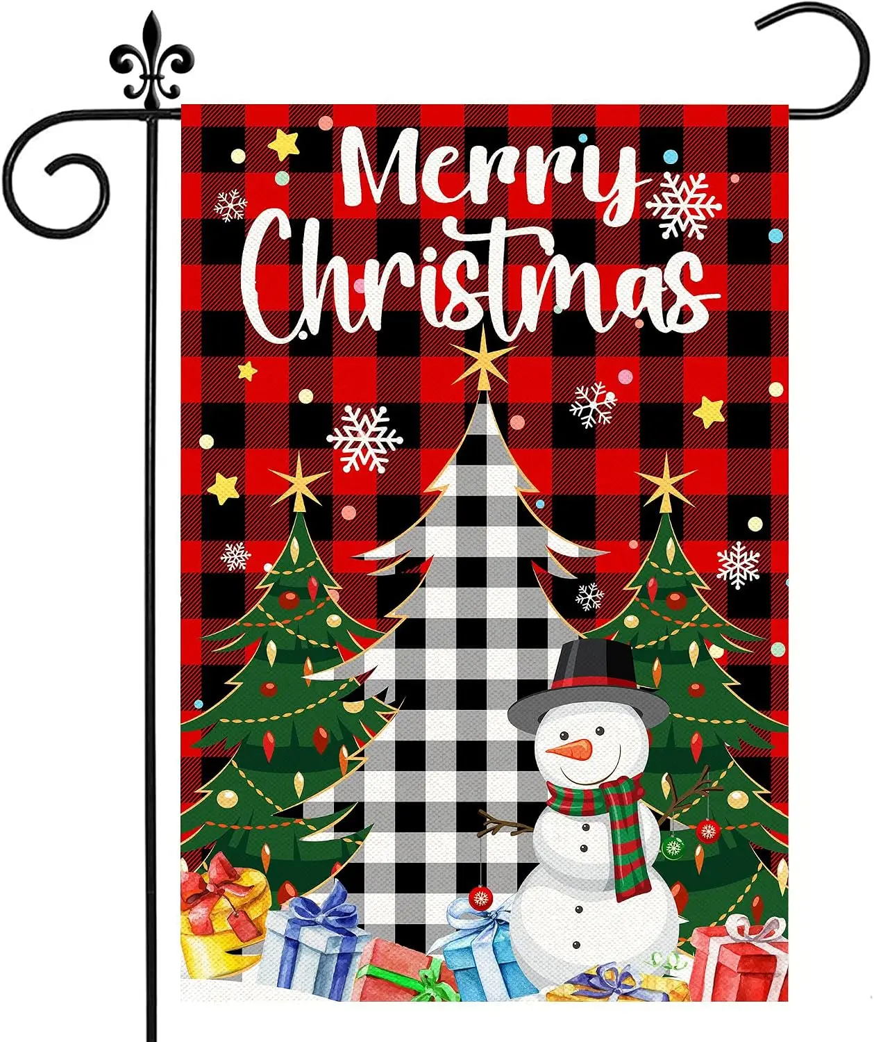 Christmas Garden Flag, Merry Christmas Flags 12x18 Double Sided, Christmas Tree Snowman with Buffalo Plaid Burlap Vertical S bbp