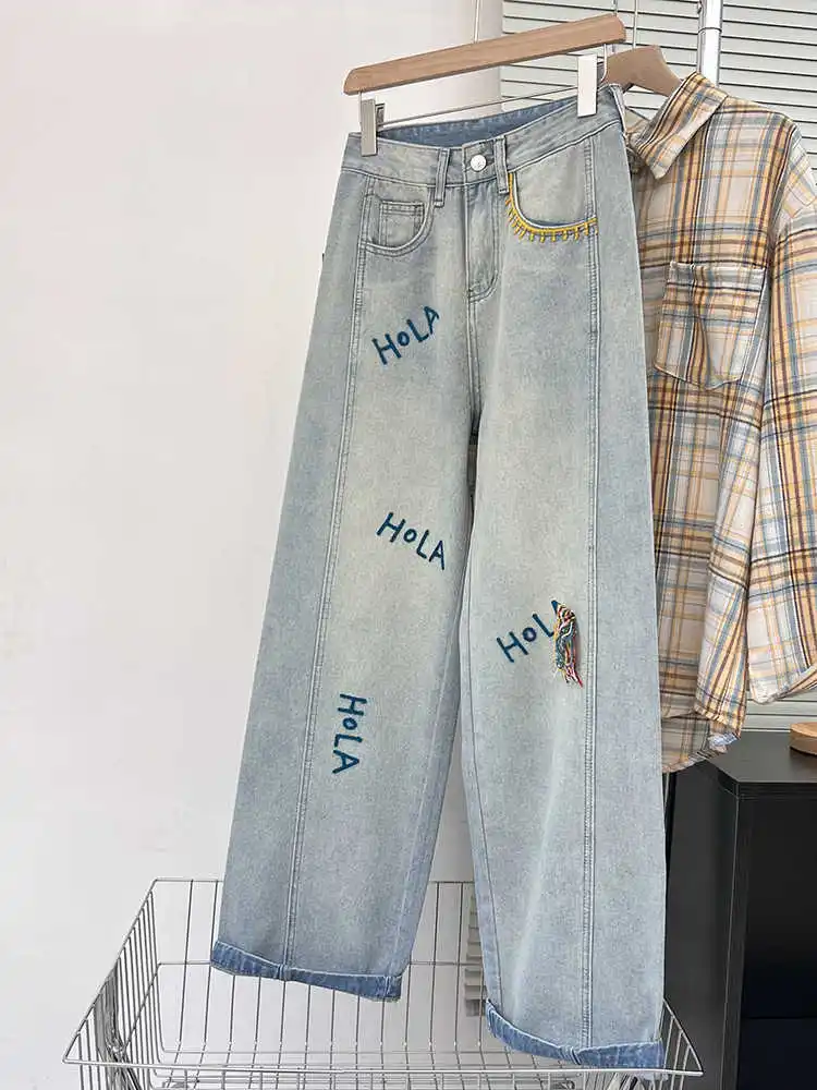

Korean Style Letter Embroidered Jeans Spring High Waist Loose Pants For Women Casual All Match Straightleg Wideleg Pants
