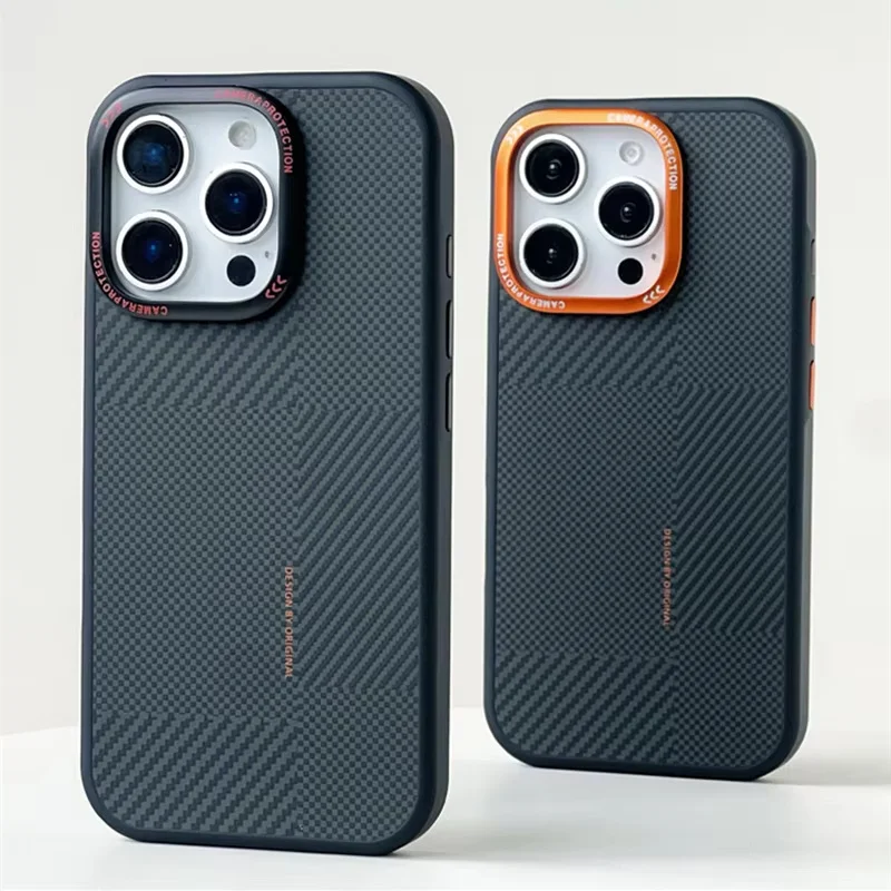 

Magnetic Carbon Fiber Texture MagSafe Phone Case for iPhone 16 pro max 15 Pro 14 Alloy Lens Wireless Charging Skin Feel PC Cover