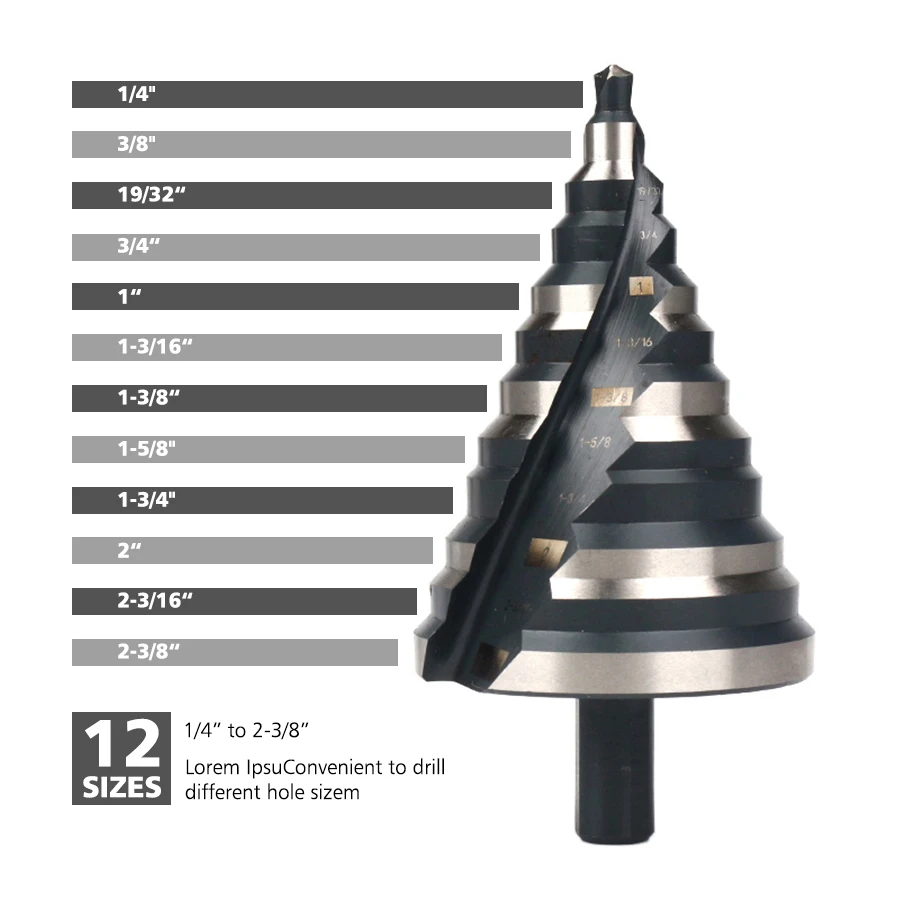 Heavy Duty Step Drill Bit with Spiral Groove, Suitable for Drilling Holes in Stainless Steel, Copper, Aluminum, Wood, and Plasti