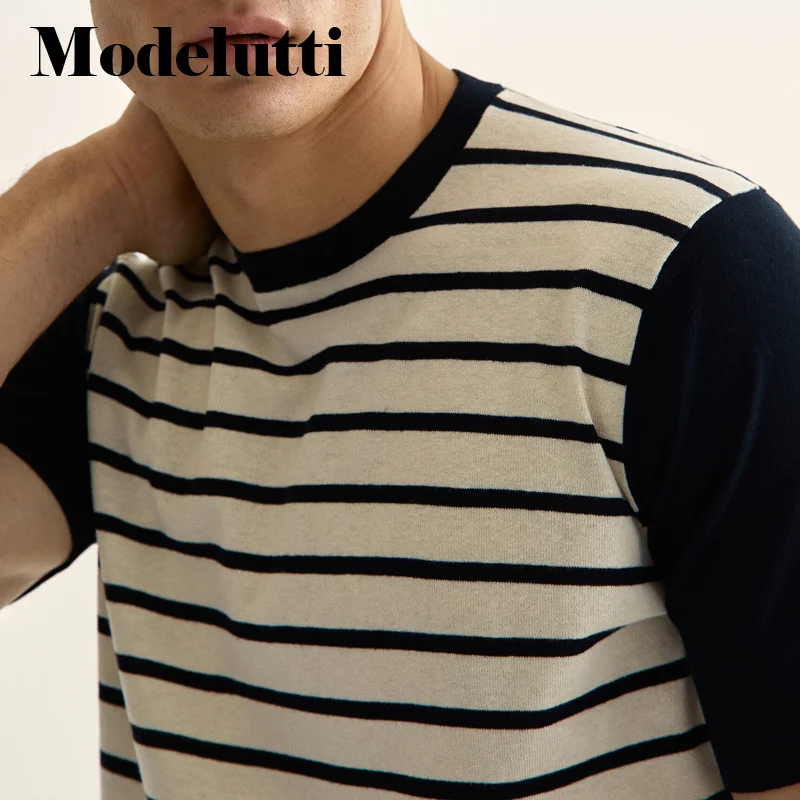 Summer 2023 New Round Neck Short Sleeve Striped Knitted T-shirt Solid Color Simple Slim All-match Casual Tops Male