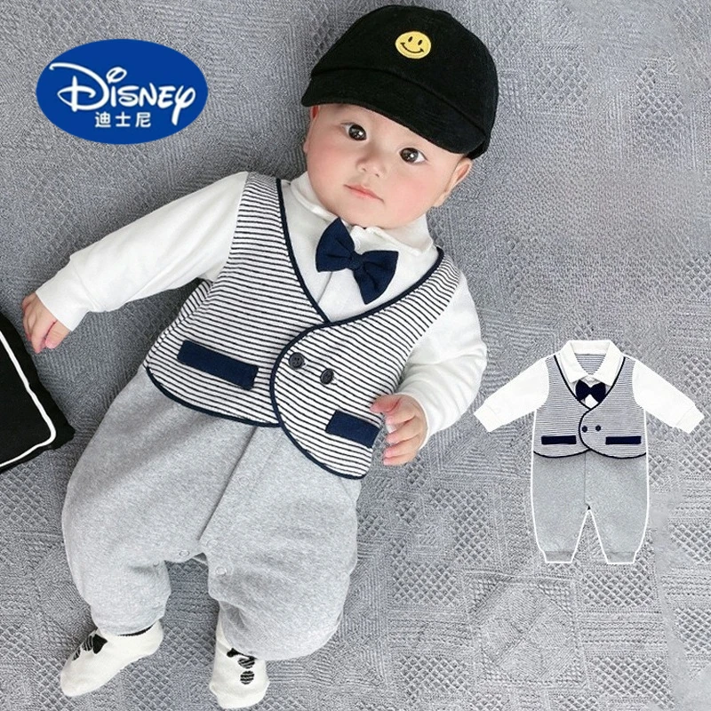 

Disney 2025 Newborn Baby Long Sleeve False Two Piece Bodysuit Boy British Style Gentleman Outfit