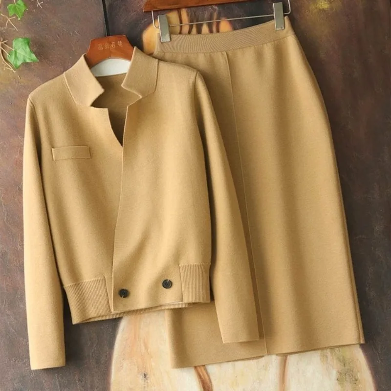 Office Lady Skirts Sets Solid Autumn Winter Two Piece Womens Outifits Vintage Work Fashion Conjuntos De Falda Knit Jacket