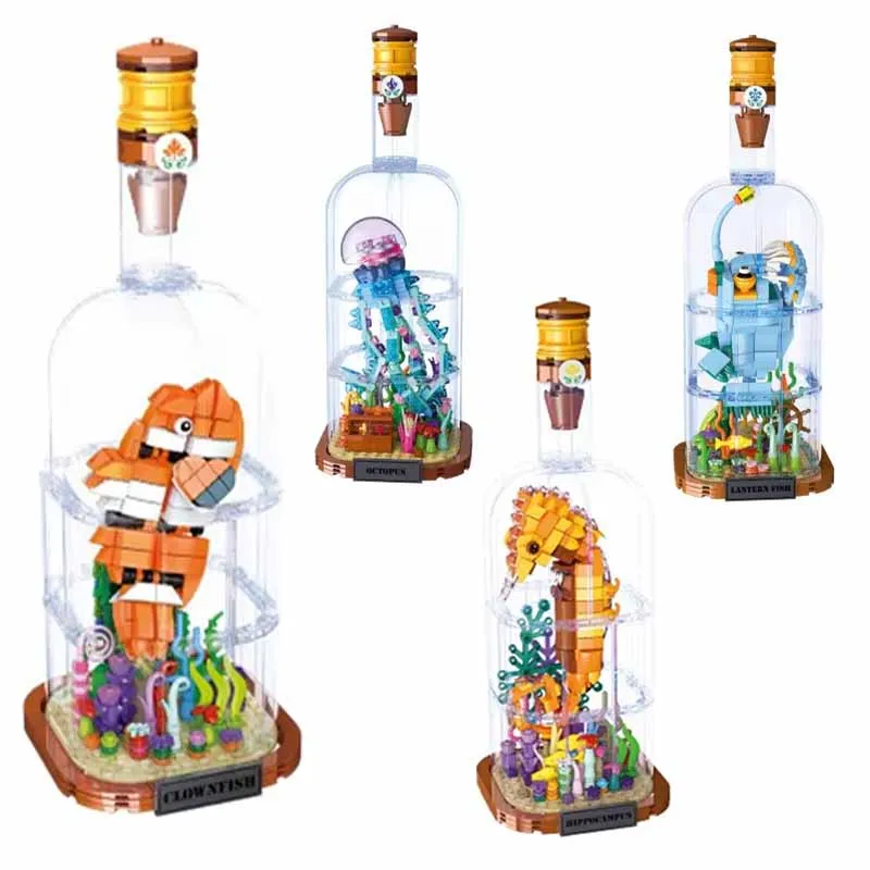 

New Product Simulation Animal Series Creative Children's Toys Bottled Building Blocks Octopus Seahorse Educational Gift Model