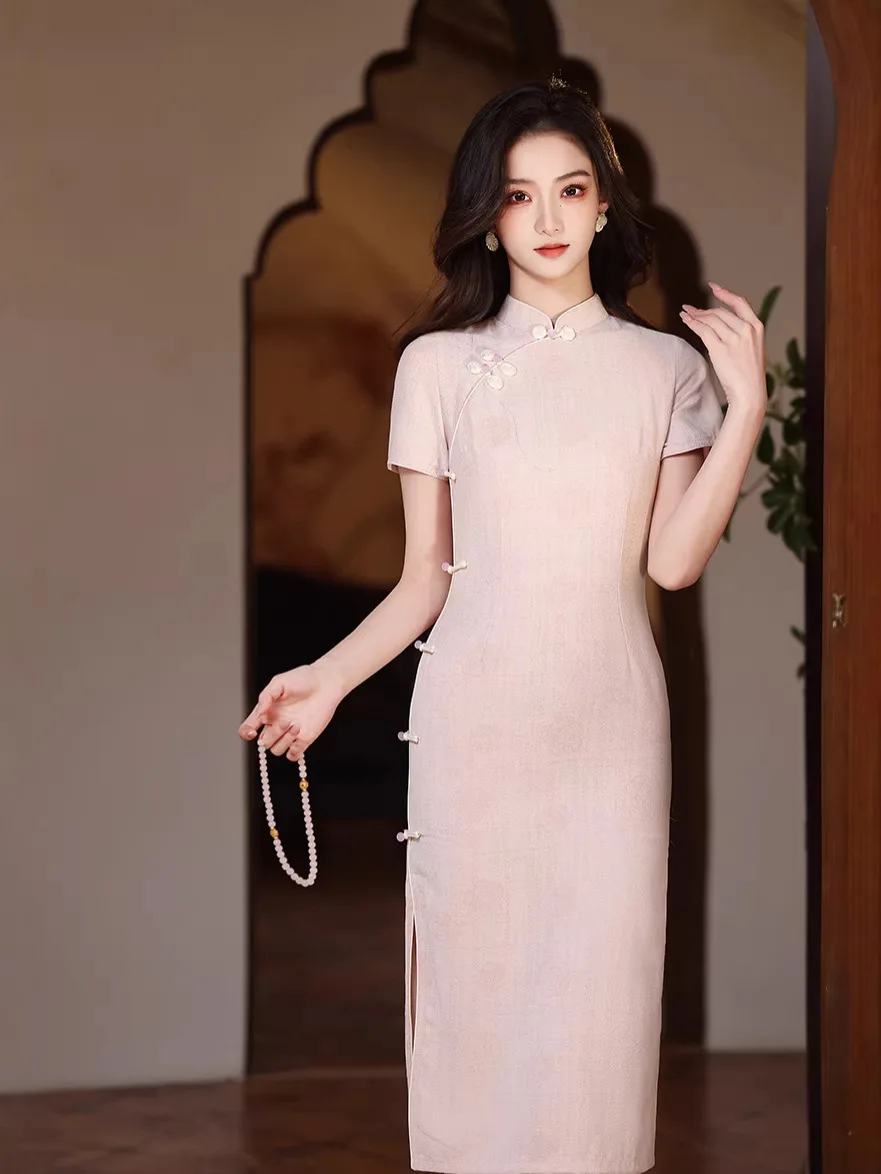 

Pink Cheongsam 2026 New Summer Improved Young Style Girl New Chinese Style Daily Solid Color Long Style Slim Qipao