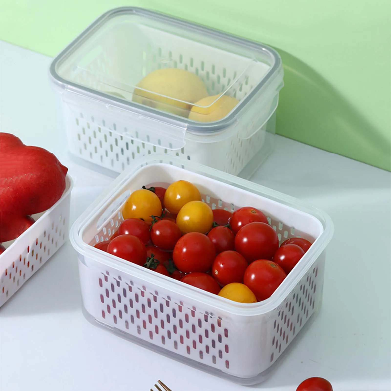 Double Layer Drain Food Container Vegetable Fruit Refrigerator Organizations Suitable for Salad Cheese Lettuce