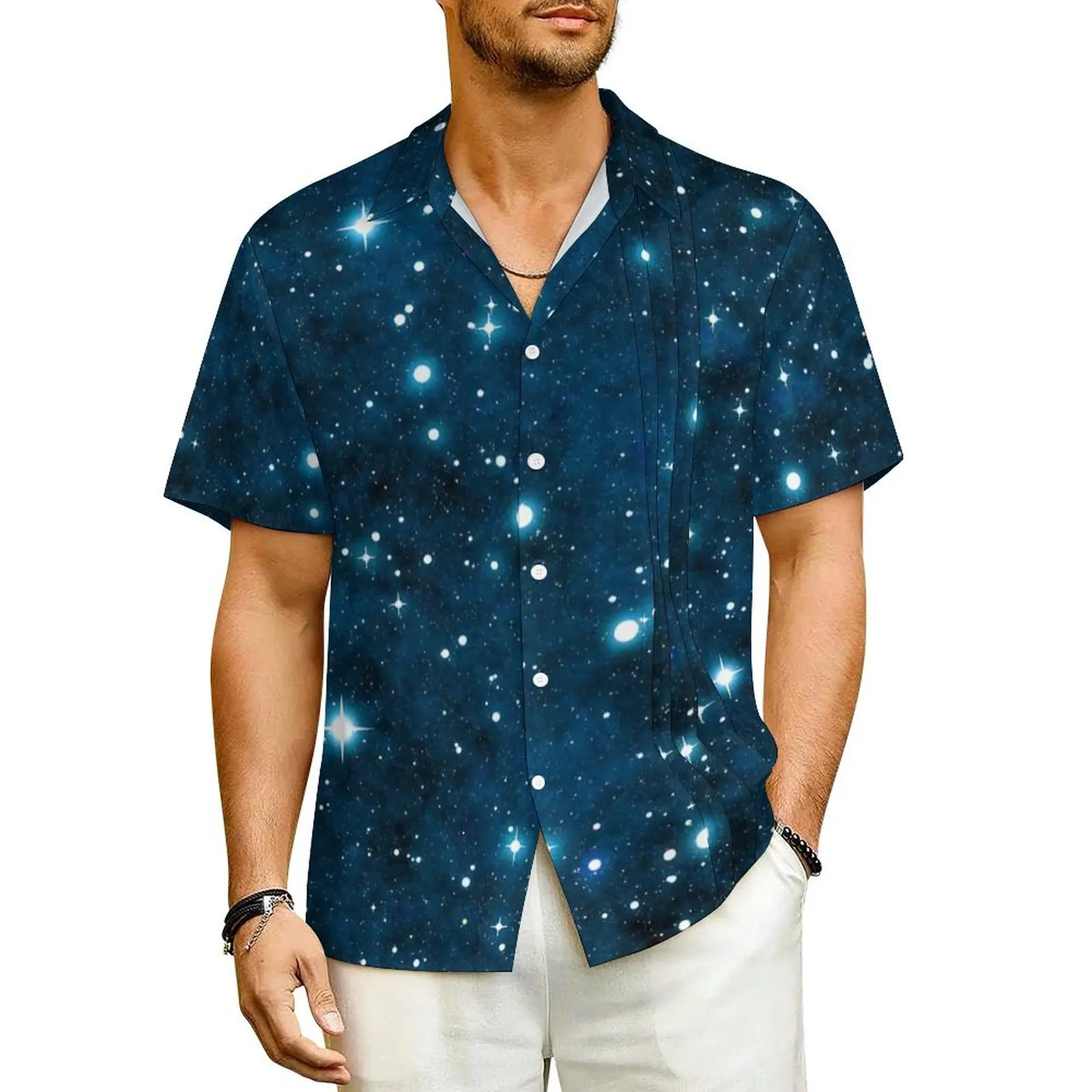 

Glitter Galaxy Hawaii Shirt For Mens Beach Blue Sparkle Stars Casual Shirts Short Sleeve Harajuku Print Novelty Oversize Blouses