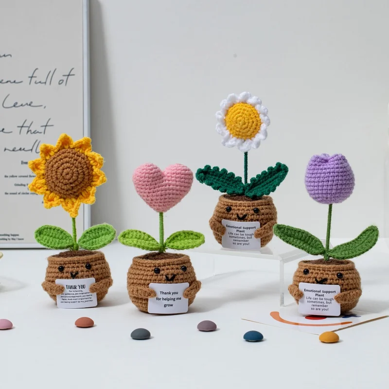 Mini Finished Crochet Roses Roses Sunflowers Tulip Potted Emotional Support Stuffed Plants Home Table Car Interior Decor