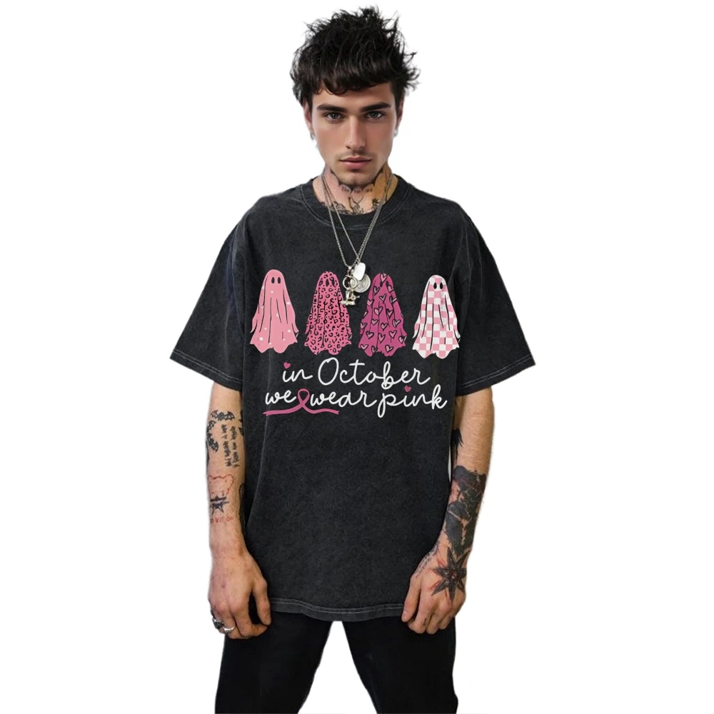 In ottobre Indossiamo una maglietta lavata con fantasma rosa Halloween T-shirt grafiche carine Moda O-Collo Manica corta Casual Top larghi unisex