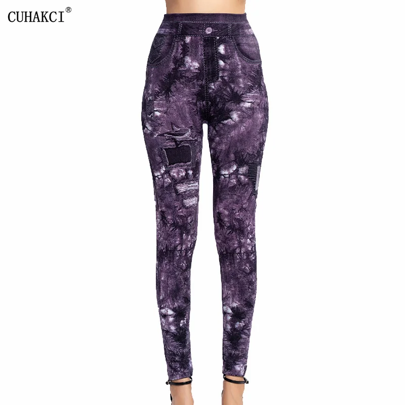 CUHAKCI-Leggings ajustados para mujer, pantalones vaqueros de imitación, elásticos de cintura alta, deportivos, para Fitness, entrenamiento, correr, Push Up, con estampado de hojas