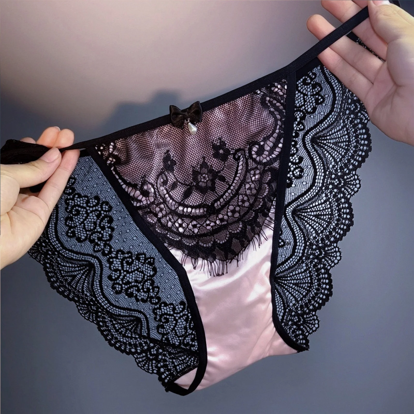 سراويل داخلية من الدانتيل للنساء ملابس داخلية مثيرة مع فيونكة لطيفة من الخلف مجوفة منخفضة الارتفاع
