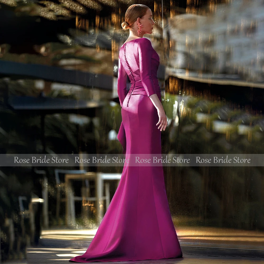 Elegant Evening Dress Mermaid 3D Flower V Neck Fuchsia Wedding Guest Gowns for Women 2024 3/4 Sleeves Ruffle Trumpet Formal Gown