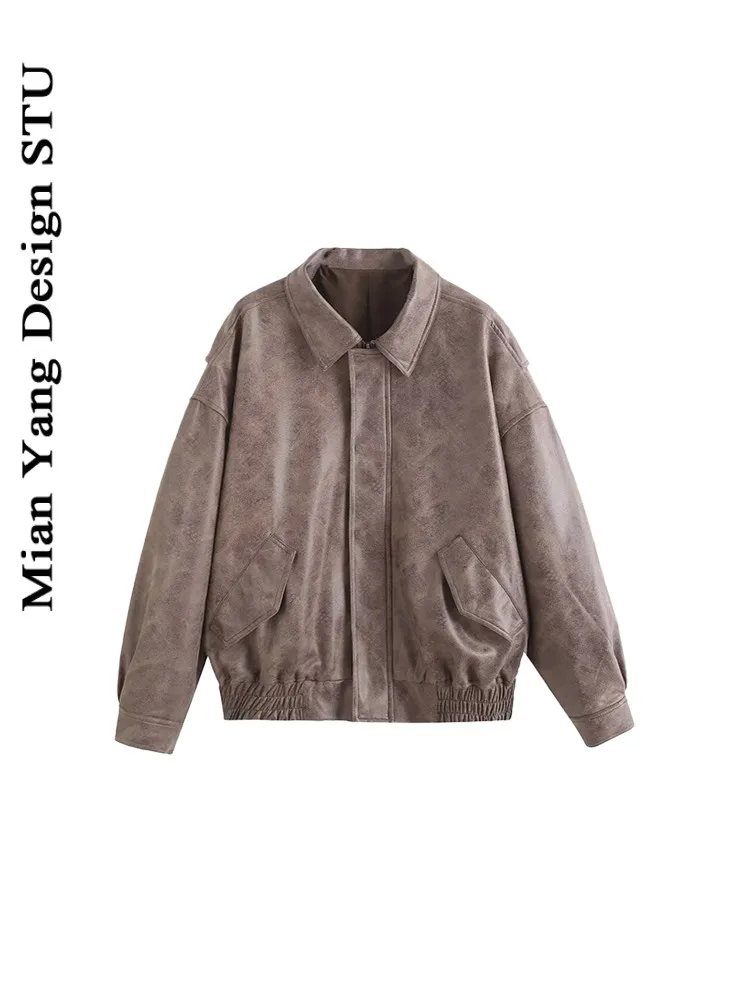 American Sle Loose Fit Pelle Jaet Cappotto da volo vintage in pelle scamosciata da strada da donna Capispalla casual Cerniera lunga Sve