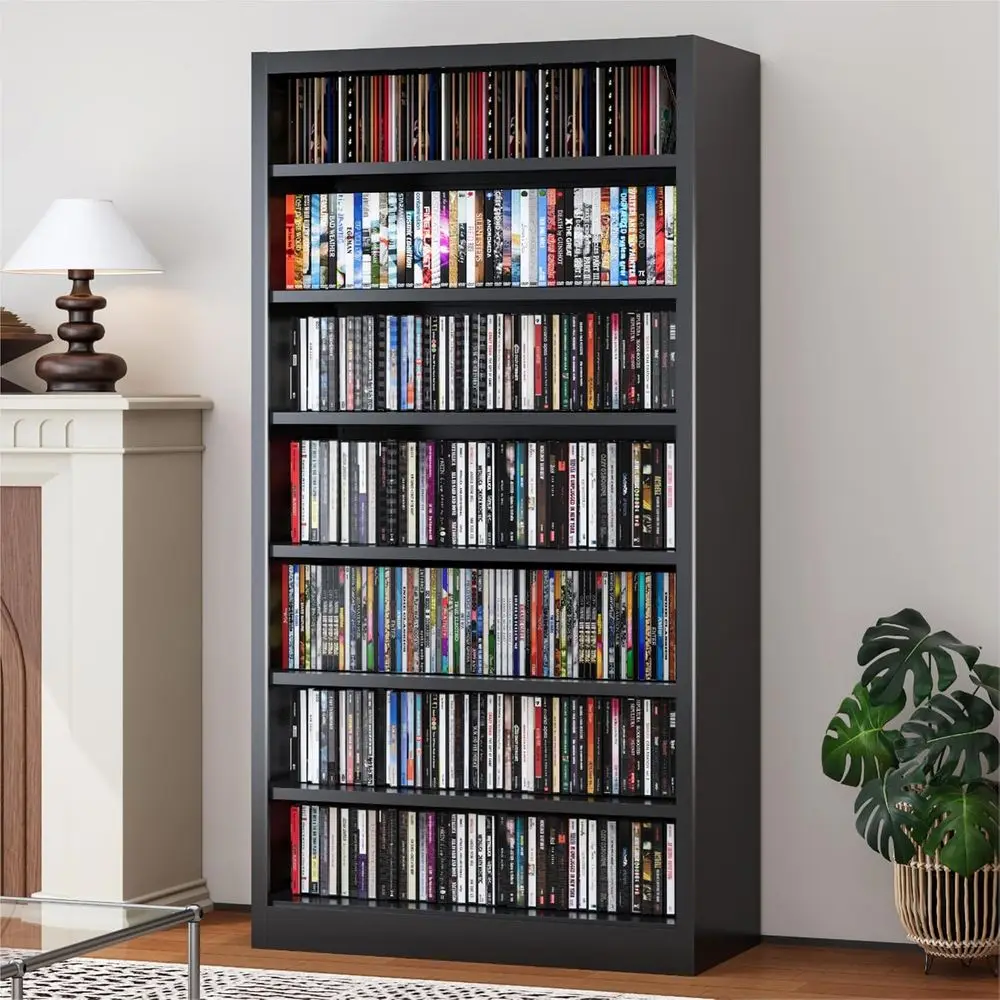 

7-Tier Adjustable DVD & CD Storage Rack, Organizer Shelf for Media, Books, Games - Black