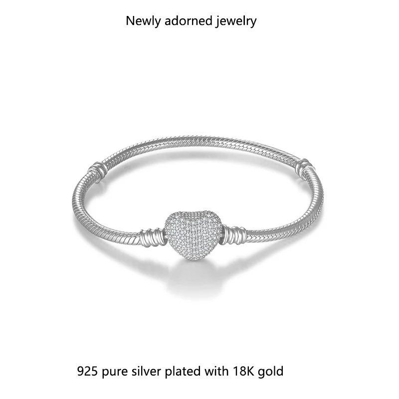 

S925 sterling silver heart-shaped 1.2mm moissanite stone bracelet with full diamond heart clasp snake chain female jewelry