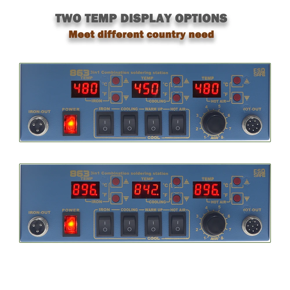 Imagem -04 - Estação de Pré-aquecimento Pcb Pré-aquecedor Estação de Solda Estação de Retrabalho Bga Ferro de Solda Pistola de ar Quente Estação de Solda Ferramenta de Reparo 110v 220v Visor Digital Ajustável Estações de Solda 863