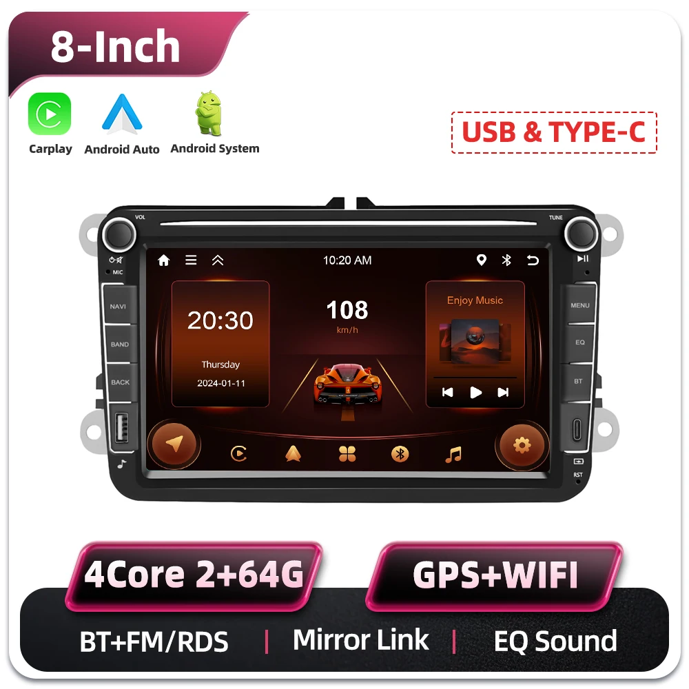 Podofo 8 Zoll 2 Din 6+128G/2+64G Auto-Multimedia-Player für Seat Altea/Toledo/Leon VW Golf/Pasta/Jatta/Bora/Scirocco Skoda Fabia/Yeti/Roomster/Praktic unterstützt Rückfahrkamera/KI-Sprachassistent GPS