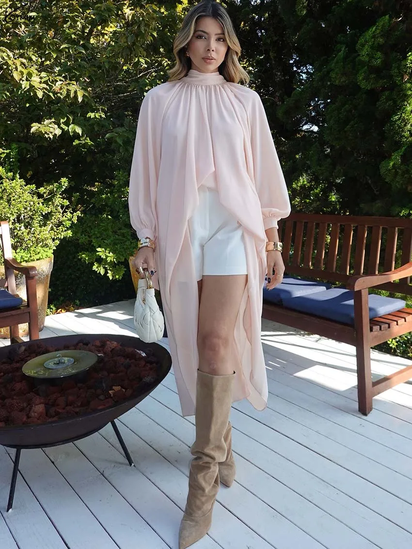 Oymimi, camisa holgada rosa a la moda para mujer, camisas elegantes con cuello alto y manga en la muñeca, camisas sólidas plisadas a media pantorrilla para otoño, ropa de calle