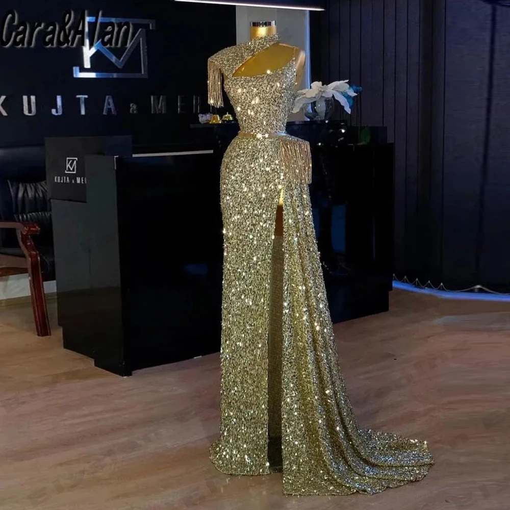 

Luxurious Sparkling Beading Evening Dresses Fashion Elegant Sexy Off Shoulder Short Sleeved High Slit Prom Gowns For Women 2024