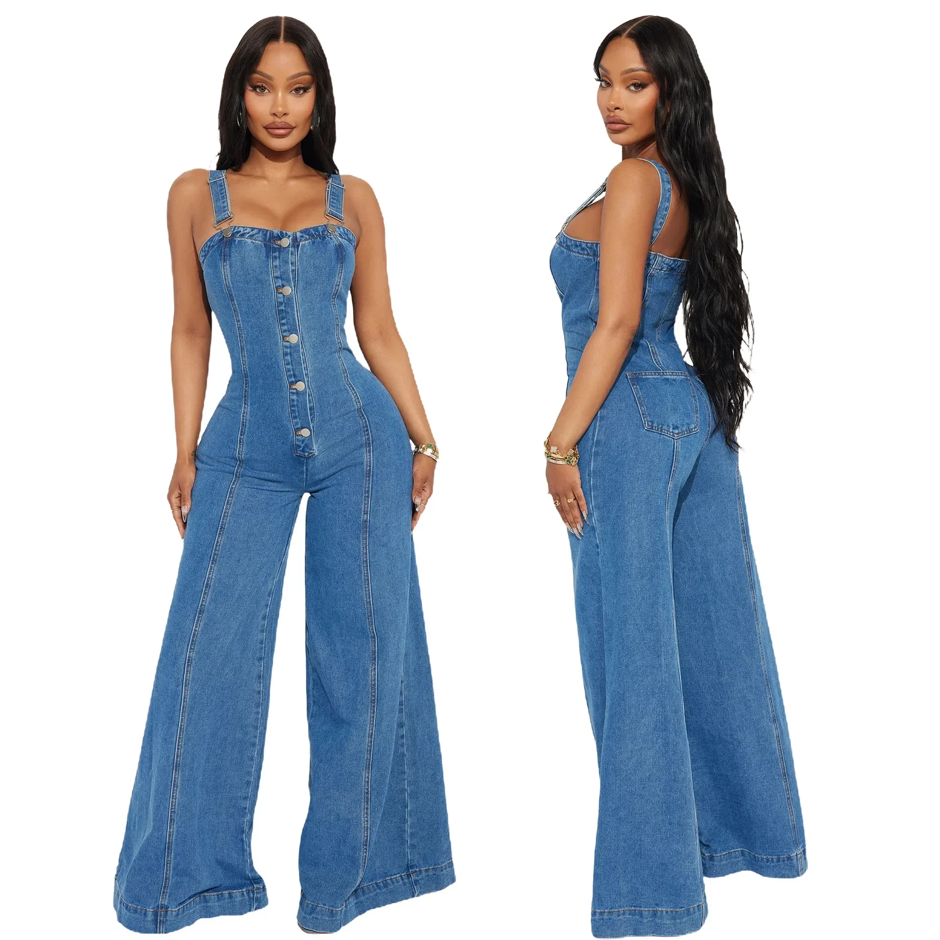 

Wide Leg Denim Pants Washed Single Breasted Overalls Spliced Jumpsuits Full Length Sleeveless Sexy One Piece Autumn Basics